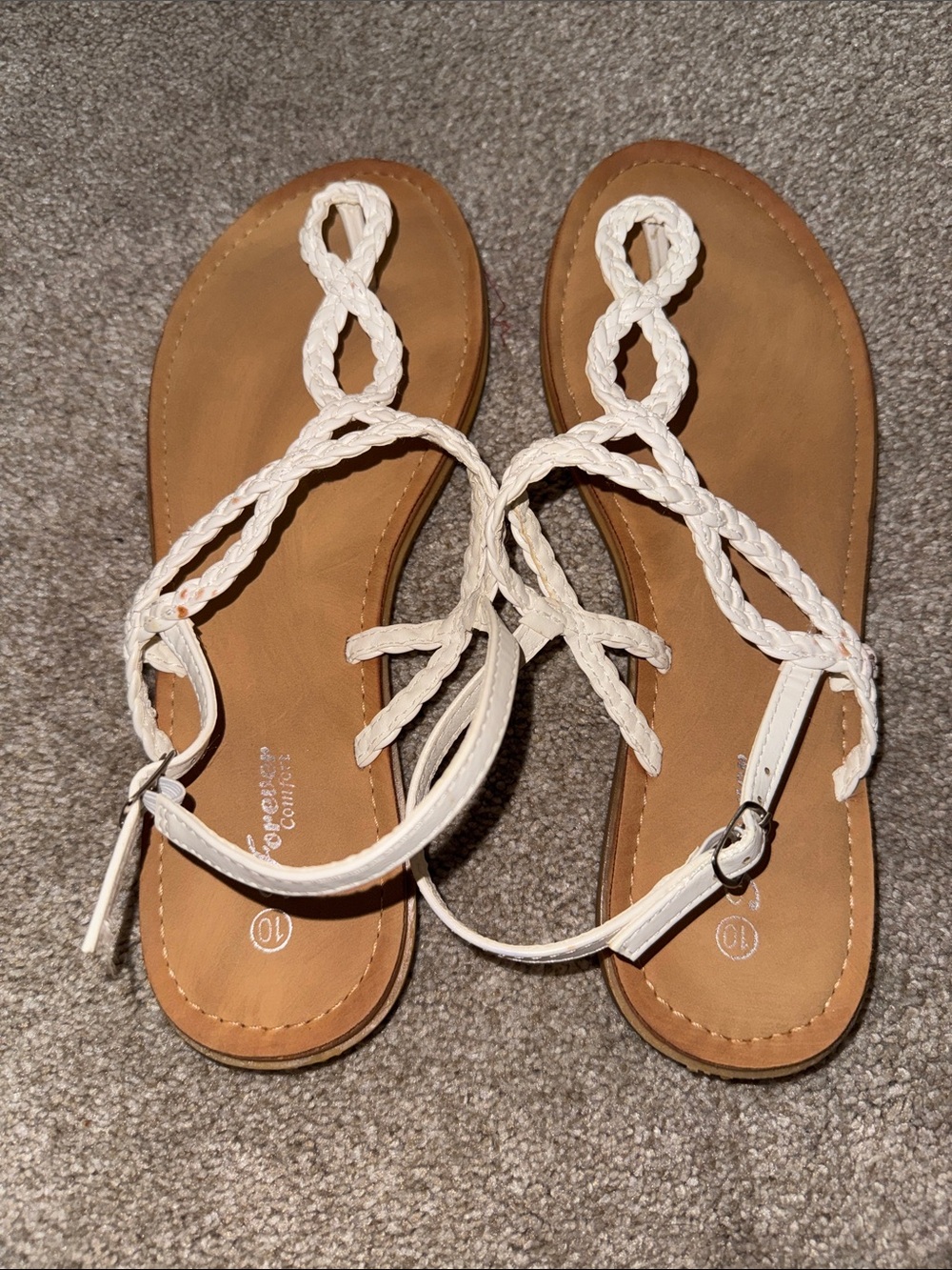 Braided T-Strap Sandals in White and Tan